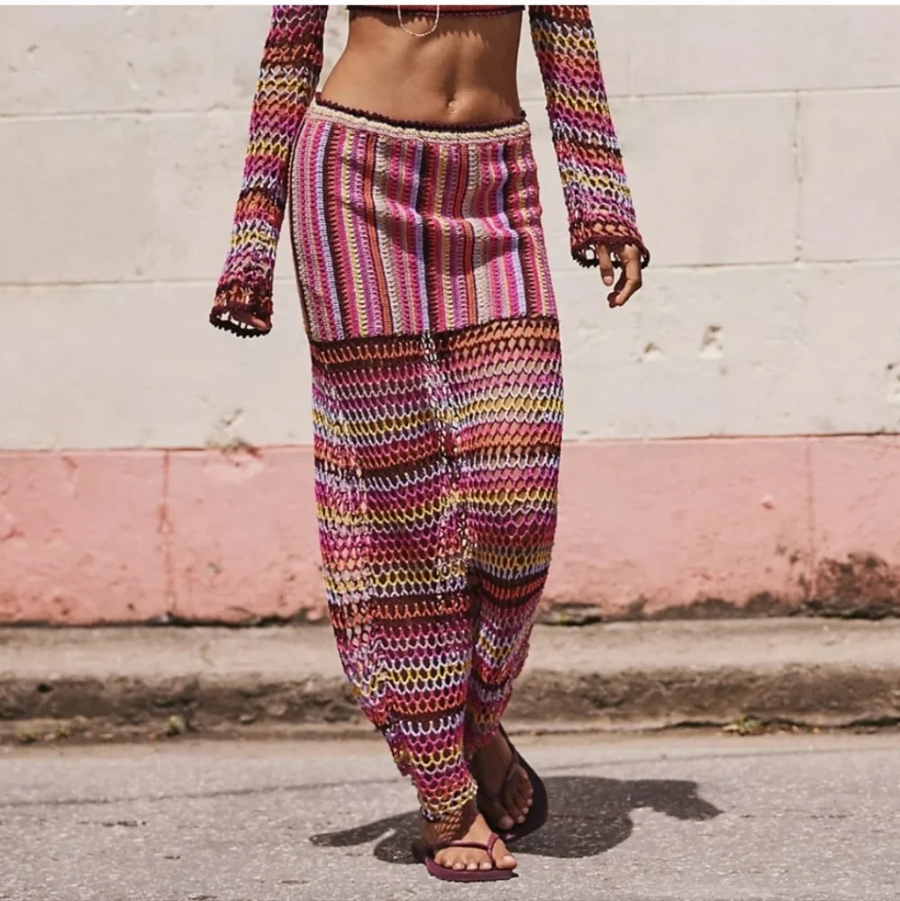New Free People Multicolor‎ Crochet A-Line Skirt And Top Very Beautiful Set.